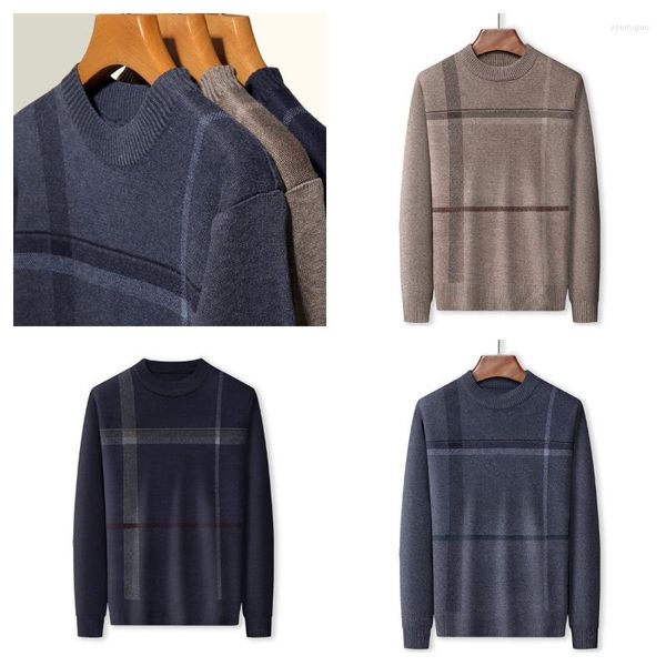 Chalecos para hombres Otoño e invierno Suelto Micro Elástico Casual Versátil Rayas Jacquard Diseño Cuello redondo Punto Suéter de manga larga