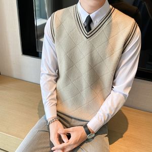 Hommes gilets automne motif pull rétro col en V sans manches tricot laine coréen vêtements étudiant chandails S 3XL 230209