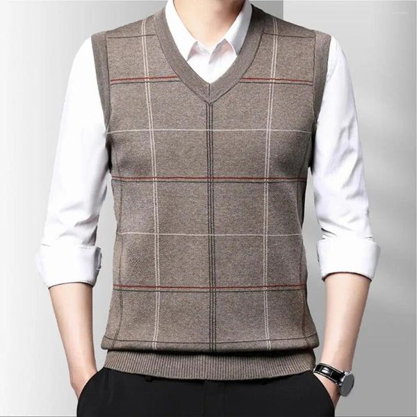 Gilets pour hommes automne pull gilet tricoté pull en vrac col en v à carreaux imprimé extensible chaud père d'âge moyen grand-père