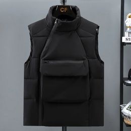 Gilets pour hommes automne hiver bas coton gilet poche avant gilet chaud sans manches veste col montant couleur unie manteau à glissière 231012