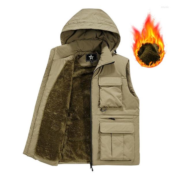 Gilets pour hommes Automne Hiver Mode Hommes Cargo Gilet Multi Poche Vestes sans manches Mâle Chaud Solide À Capuche Polaire Doublure Gilet