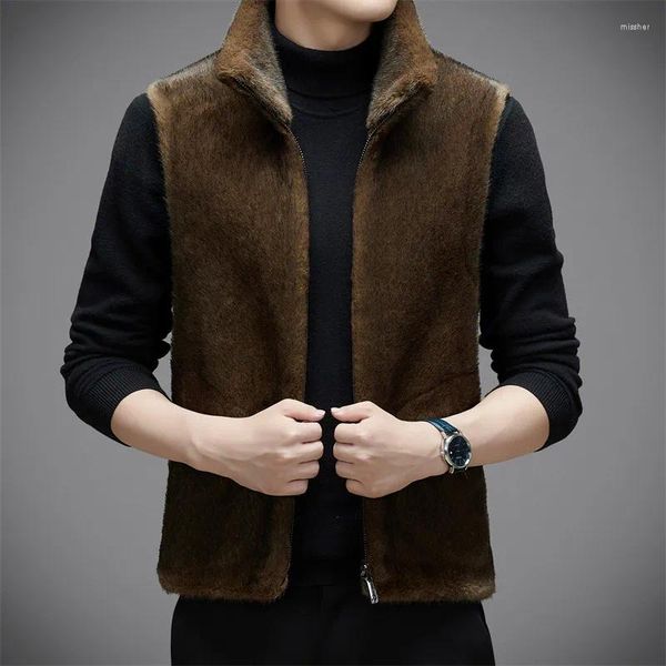 Chalecos para hombres Otoño Invierno Chaleco de cuero y piel Ropa de doble cara Imitación Mink Stand Collar Abrigo Corto Engrosamiento Hombres