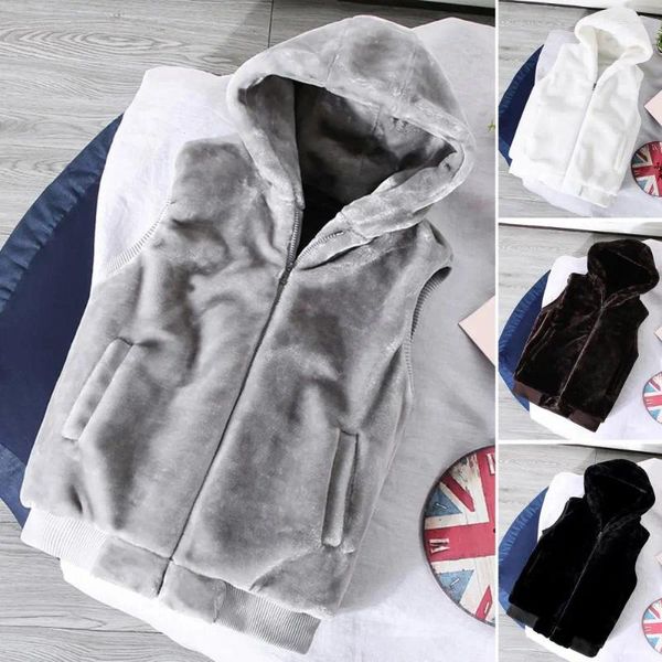 Gilets pour hommes automne hiver hommes gilet à capuche en peluche couleur unie veste sans manches épaissir gilet à glissière streetwear