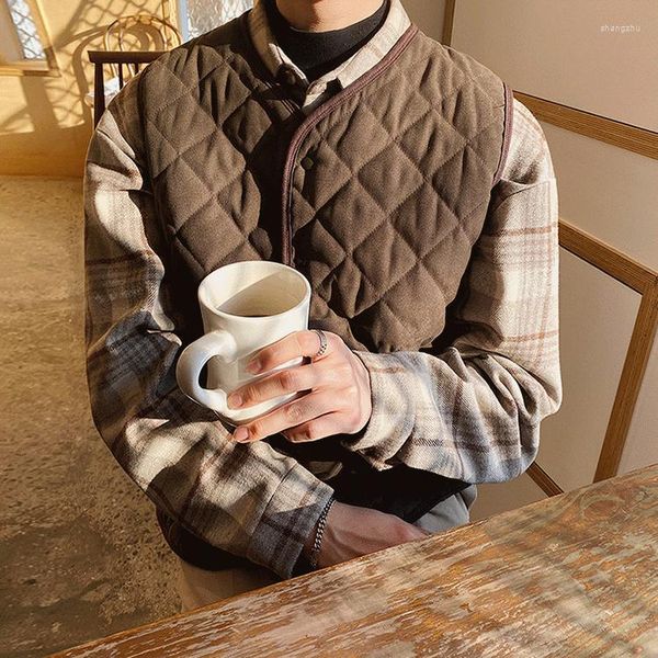 Chalecos para hombres Otoño Invierno Chaleco de algodón engrosado A cuadros Suelto Vintage Moda coreana Chaleco cálido Ropa básica informal