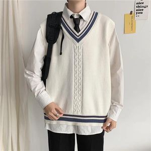 Gilets pour hommes automne hiver col en v pull sans manches tricoté collège style lâche décontracté haute rue vestes hommes hauts vêtements masculins