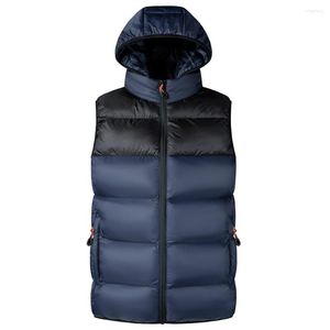 Gilets pour hommes Automne Hiver Gilet Hommes Coréen Mode Contraste Couleur À Capuche Veste Sans Manches Chaud Coupe-Vent Poches À Glissière Gilet Mâle