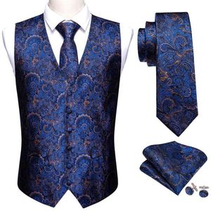 Men's Vests Barry Wang Men Suit Blue Floral Waistcoat Silk Tailored Collar V-neck Check Male Vest Tie Set Formal Leisure M-20287f