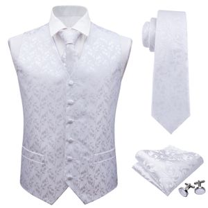 Herenvesten Barry.wang Mens Classic White Floral Jacquard Silk Waistcoat Vesten zakdoek feestje bruilofts stropdas Vest Suit Pack Square Set 230310