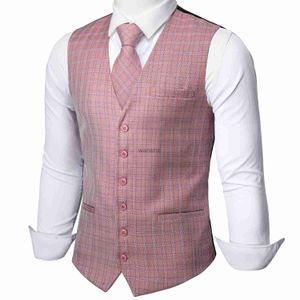 Chalecos para hombres Barry.Wang Chaleco a cuadros rosa para hombre Mezcla de cuello a medida Cuello en V 3 bolsillos Chaleco a cuadros Conjunto de corbata Ocio formal MD-2301L240104