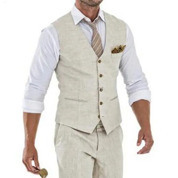 Chalecos para hombres Chaleco de traje de lino beige para hombres Boda Verano Playa Chaleco con cuello en V Moda masculina Ropa de caballero 231010