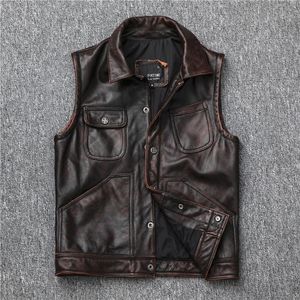 Gilets pour hommes Biker Hommes Vintage Moto Brown Véritable Gilet En Cuir De Haute Qualité Véritable Gilet En Cuir De Vachette Veste Sans Manches