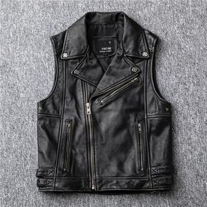 Herenvesten Biker Motorcycle Real Leather Vest Heren Echte mouwloze jassen Koeienhuid Vest Punk Rits Revers