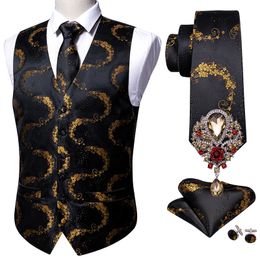 Herenvesten Zwart 5 -stcs Designer Mens Wedding Suit Gold Floral Jacquard Folral Silk Waistcoat Tie Broches Set Barry.wang Groom 230331