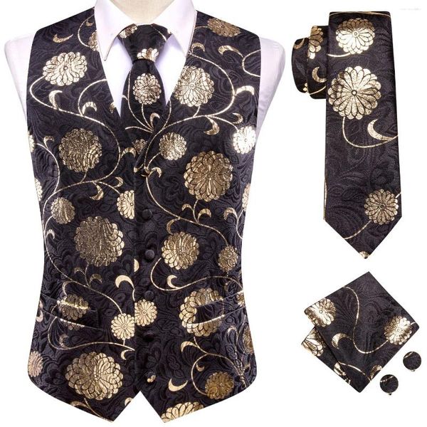 Chalecos para hombres Corbata floral de seda color champán negro Pañuelo Gemelos Traje sin mangas Conjuntos de chaleco Diseñador de negocios Hi-Tie