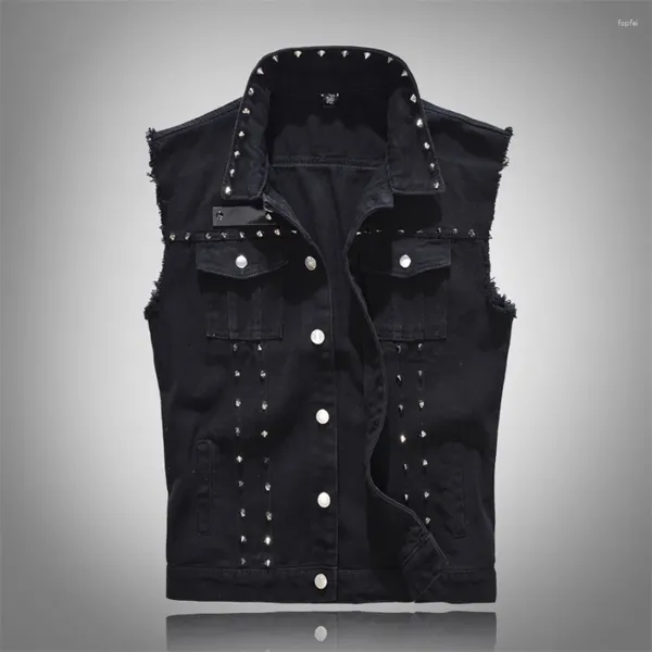 Gilets pour hommes Gilet en denim noir déchiré sans manches Jeans Veste Hommes Casual Gilet Coton Gilet Tank Cowboy Hip Hop Rivets Streetwear