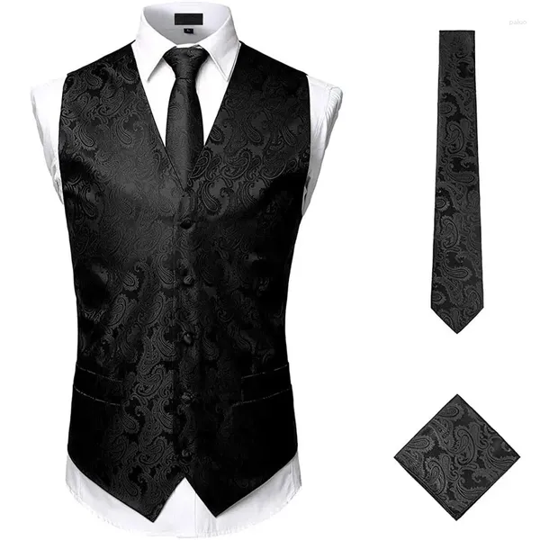 Chalecos para hombres Negro para hombre 3pc Jacquard Paisley Chaleco Conjunto Corbata Bolsillo Cuadrado Chaleco Clásico Formal Chaleco Hombre Gilet Homme