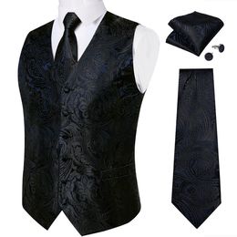 Herenvesten zwarte paisley blauw pak vest nek stropdas set pocket square manchetjes manhetjes heren bruiloft waastcoat luxe smoking tuxedo vesten mannen gilet dibangu 230311