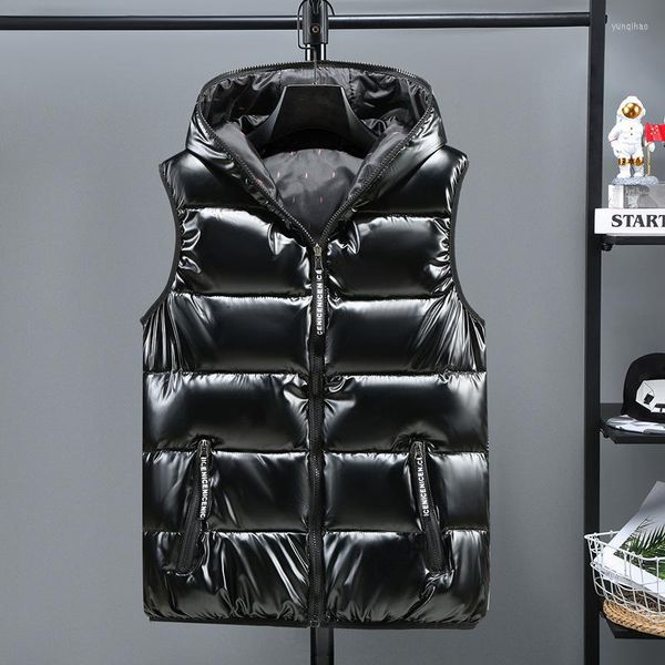 Gilets pour hommes noir brillant gilet hommes chapeau détachable automne hiver décontracté pour chaud vers le bas gilet avec capuche sans manches manteau