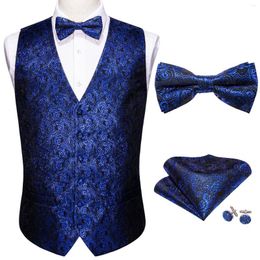 Mannen Vesten Blauw Heren Trouwpak Vest Paisley Jacquard Folral Zijden Vest Zakdoek Vlinderdas Set Barry.Wang