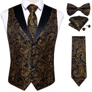 Chalecos para hombres Traje de marca Conjunto de chaleco para hombres Seda de lujo Negro Oro Paisley Vestido Chaleco Corbata Gemelos Pañuelo Conjunto Chaleco sin mangas masculino 230321