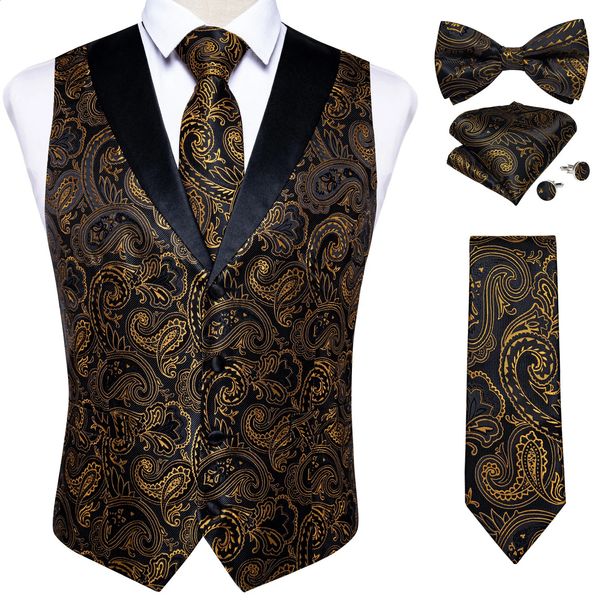 Chalecos para hombres Traje de marca Conjunto de chaleco para hombres Seda de lujo Negro Oro Paisley Vestido Corbata Gemelos Pañuelo Chaleco sin mangas masculino 231110