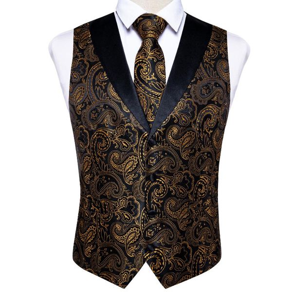Hommes gilets marque gilet cravate ensemble pour hommes soie Floral costume cravate 4 pièces avec motif noir or gilet mariage fête formelle