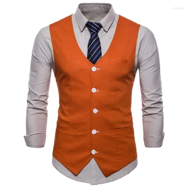 Gilets pour hommes Style britannique Hommes Orange Gilet Candy Couleurs Casual Slim Col V-Col Sans Manches Blazer Mignon Gilet Plus Taille 3XL 4XL Costume