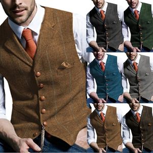 Herenvesten Bruin Casual Gentleman Army Green Vest Plaid Soft Wool Jacket Tweed Business WaTcoat For Wedding Man 3132
