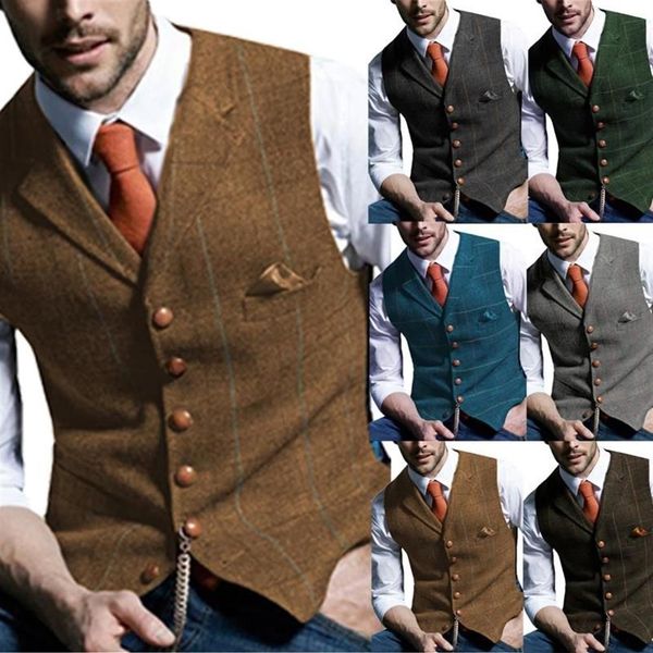 Gilets pour hommes Brown Casual Gentleman Army Green Vest Plaid Veste en laine douce Tweed Gilet d'affaires pour mariage Man248z