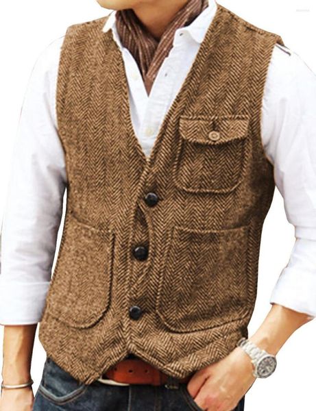 Gilets pour hommes marron chevrons laine Tweed col en V simple boutonnage Vintage Cargo gilet hommes Gentleman affaires mariage