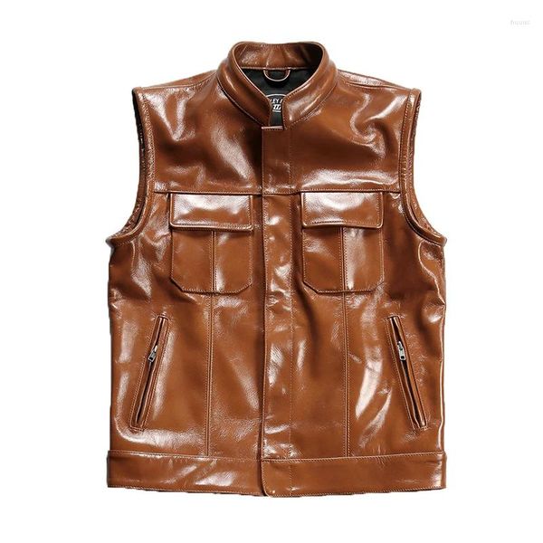 Gilets pour hommes Brown Sport Véritable Gilet en cuir véritable peau de vache plus taille sans manches manteau de moto fermeture éclair motard mâle gilet 7XL