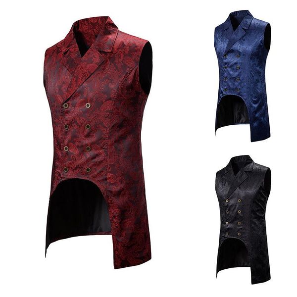 Gilets pour hommes Bourgogne Paisley Jacquard Long Gilet Double Boutonnage Revers Brocade Gothique Steampunk Sans Manches TuxedoMen