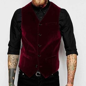 Gilet pour hommes Bourgogne Velvet décontracté pour les hommes One Piece Homme Suit Waistcoat V Neck Single Breasted Fashion Vest Wedding