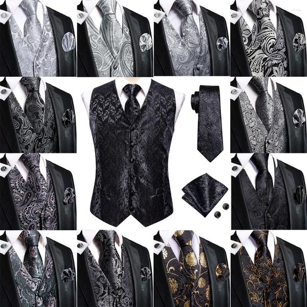 Chalecos para hombres Negocios Negro Gris Mens Seda Paisley Chaleco Chaqueta Corbata Pañuelo Gemelos Conjunto Vestido Traje Diseñador Formal Hi-Tie