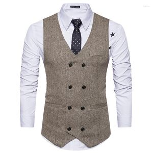 Hommes gilets affaires hommes costume gilet Double boutonnage laine chevrons décontracté marron gilet formel garçon d'honneur veste pour mariage