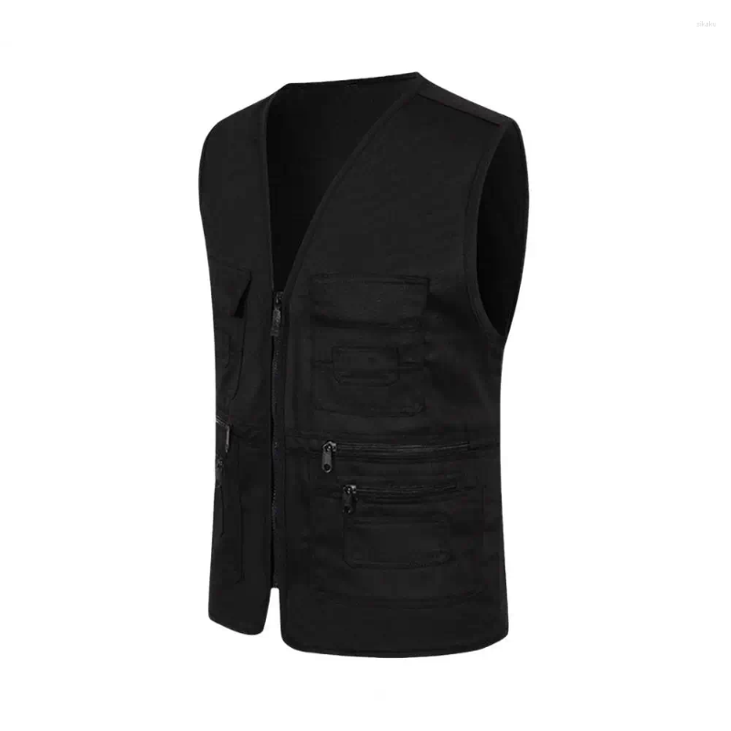 Men's Vests Cargo Waistcoat Men Summer With Multiple Pockets V-neck Sleeveless Sports Vest Solid Color Zipper Placket