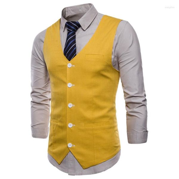 Chalecos de hombre Casual Algodón Lino Chaleco de traje para hombre Slim Fit Chaleco sin mangas de un solo pecho Hombre Blanco Amarillo Verde Naranja Azul claro M-4XL