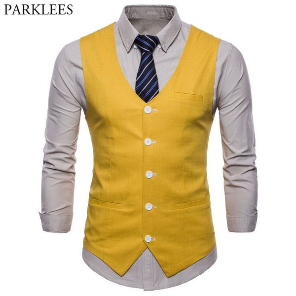 Gilets pour hommes Casual Coton Lin Hommes Costume Gilet Slim Fit Simple Poitrine Sans Manches Gilet Mâle Blanc Jaune Vert Orange Bleu Clair M-4XL 230331