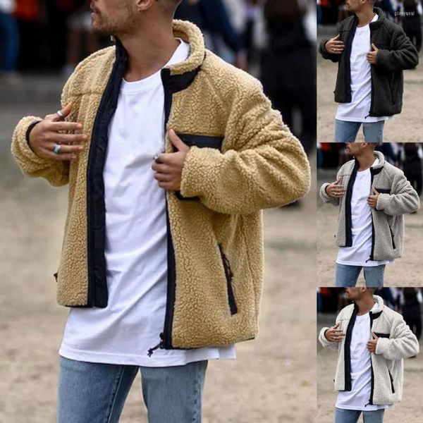 Chalecos para hombres Casual Hombres Invierno Manga larga Cuello levantado Faux Fleece Bolsillo con cremallera Abrigo cálido Chaqueta de manga larga