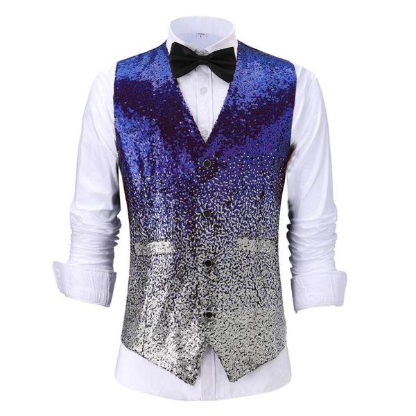 Hommes Gilets Casual Brillant Paillettes Hommes Gilet Rouge Argent Slim Fit V Cou Tuxedos École Fête Bleu Royal Gilet Pour Mariage Banquet Discothèque