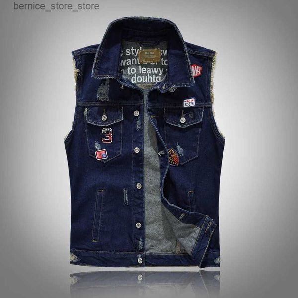 Chalecos para hombres Chaleco casual para hombres Punk Motocicleta Denim Chaqueta sin mangas Chaleco Visual Kei Vintage Apliques S Hombres jóvenes Streetwear Q231208