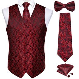 Gilets pour hommes Causal Hommes Noir Rouge V-Cou Gilet pour Business Sans Manches Paisley Mariage Gilet Homme Cravate En Soie Bowtie Poche Bouton De Manchette Carré 231020