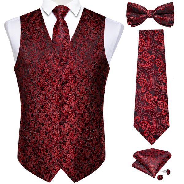 Chalecos para hombres Causal Hombres Negro Rojo Chaleco con cuello en V para negocios Sin mangas Paisley Boda Chaleco de hombre Corbata de seda Pajarita Bolsillo Cuadrado Gemelos 231020