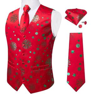 Gilets pour hommes Noël costume rouge gilet cravate cravate poche boutons de manchette carrés ensemble vert boule de flocon de neige imprimé gilet vêtements de fête de famille 221124