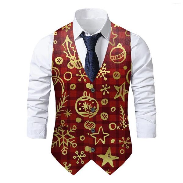 Chalecos para hombres Navidad Papá Noel Chaleco rojo para hombre Ropa de fiesta familiar Elk Candy Cane Muñeco de nieve Chaleco con estampado Conjunto de un solo pecho