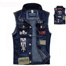 Chalecos para hombres Clásico Vintage Jeans Chaleco Chaquetas sin mangas Diseños de parches de moda Estilo Punk Rock Ripped Cowboy Frayed Denim Tanks 230909