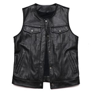 Gilets pour hommes Classique Véritable Gilet En Cuir Homme 100 Cuir De Vachette Moto Club Veste Sans Manches Slim Biker Gilet 230320