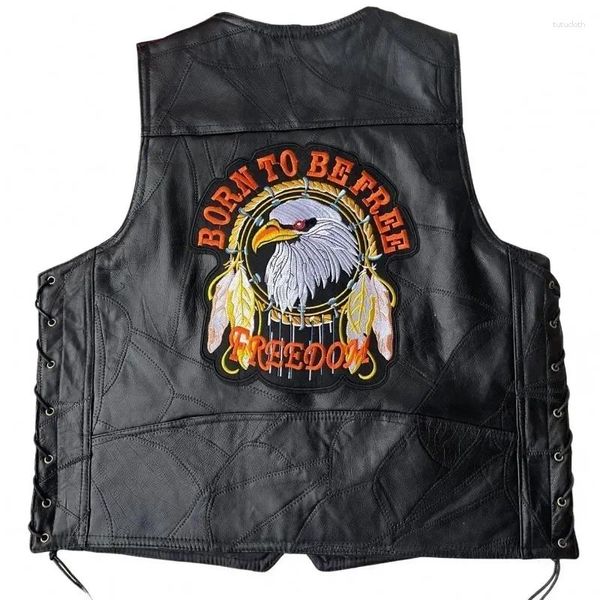 Chalecos para hombre, ropa para motocicleta, chaleco de cuero sin cuello bordado informal, chaqueta sin mangas con un solo pecho, abrigo Punk de moda