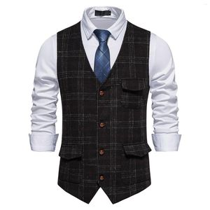 Gilets pour hommes manteau hommes Plaid impression costume gilet vêtements d'extérieur européen et américain col en V daim simple boutonnage hommes décontracté 2023