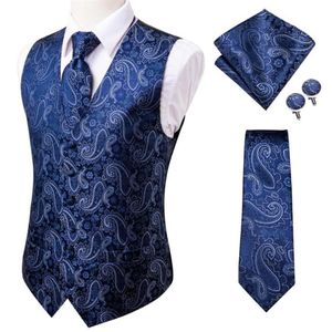 Gilets pour hommes couleur soie et cravate robes formelles d'affaires gilet mince 4PC boutons de manchette Hanky pour costume bleu Paisley gilet 251k